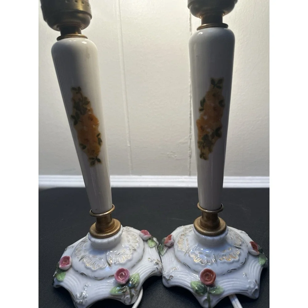 Vintage Porcelain Boudoir Table Lamps Floral Rose Gold Accent Pair Working